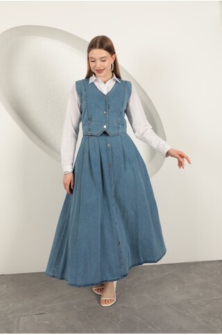 Denim Kumaş Yelekli Takım-Mavi